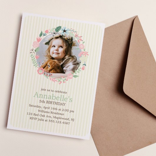 デリケートフローラリースガールバースデーパーティー 招待状