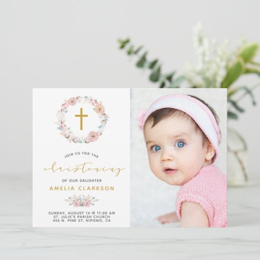 デリケートフローラ&コットン《キリスト教》洗礼式や命名式招待状 サンキューカード (スタンド正面)