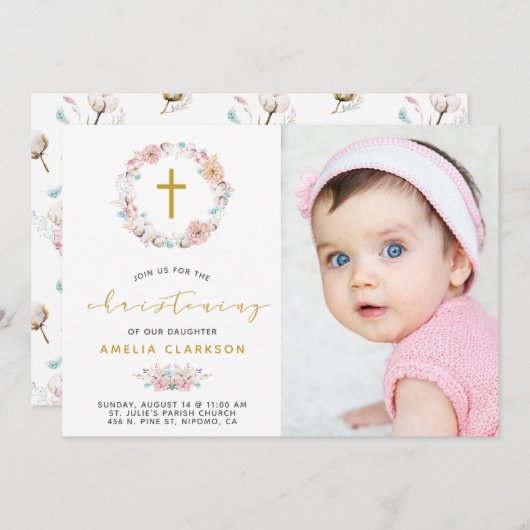 デリケートフローラ&コットン《キリスト教》洗礼式や命名式招待状 サンキューカード (正面/裏面)