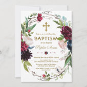 デリケートブルガンディブルーフローラリースガールバプテスマ 招待状 (正面)