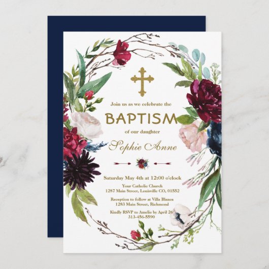 デリケートブルガンディブルーフローラリースガールバプテスマ 招待状 (正面/裏面)