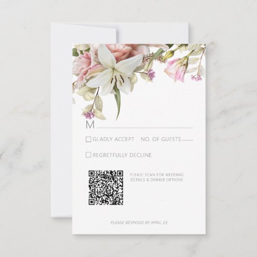 デリケートモダンなピンク赤面バラ&リリー結婚ズ 出欠カード (裏面)