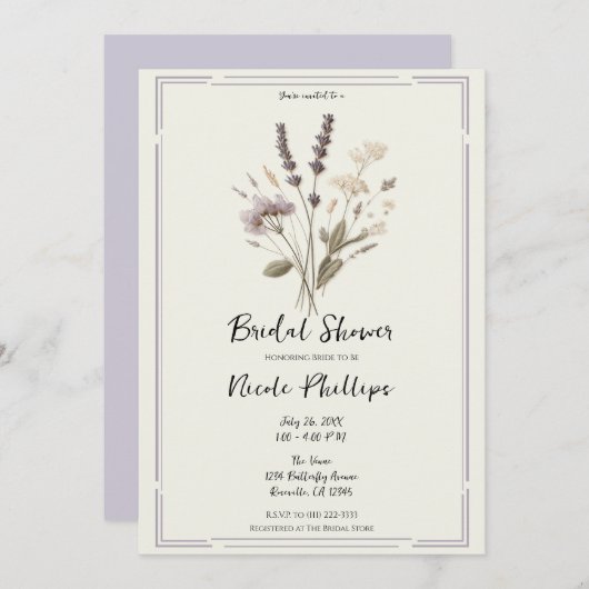 デリケートラベンダーフローラフラワーブライダルシャワー 招待状 (正面/裏面)