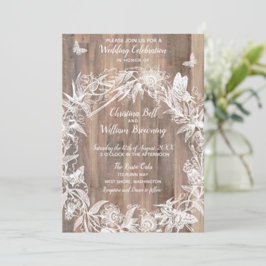 デリケートリースホワイトバタフライウッドウェディングスプ 招待状 (スタンド正面)