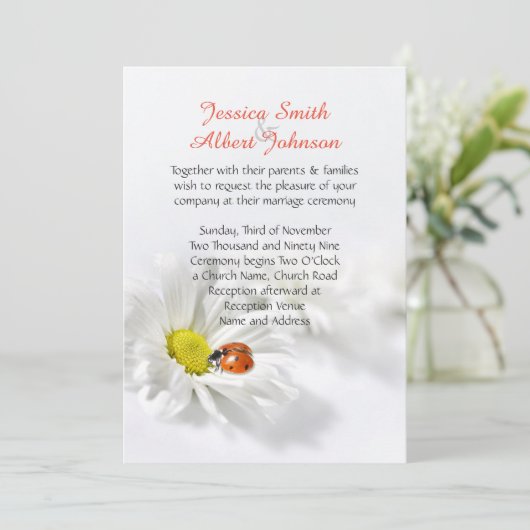 デリケート春デイジーラディバグ結婚式招待状 招待状 (スタンド正面)