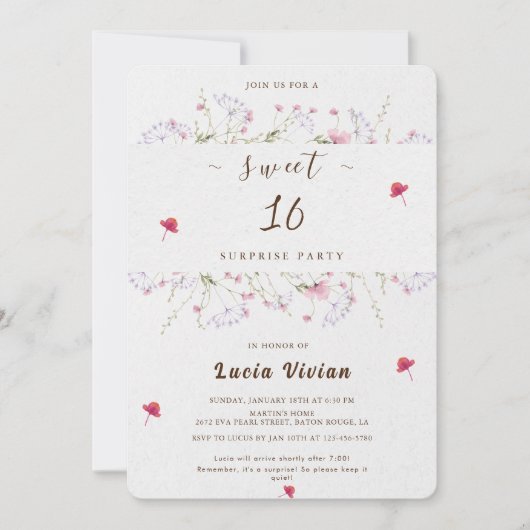 デリケート春ワイルドフラワースウィート16サプライズパーティー 招待状 (正面)