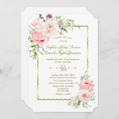 デリケート春赤面花金ゴールドフレーム結婚ズ 招待状 (正面/裏面)