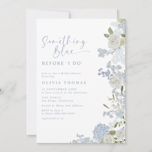 デリケート柔らかいものブルーフローラブライダルシャワー 招待状 (正面)