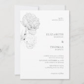 デリケート牡丹インク白黒エレガントな結婚式 招待状 (正面)
