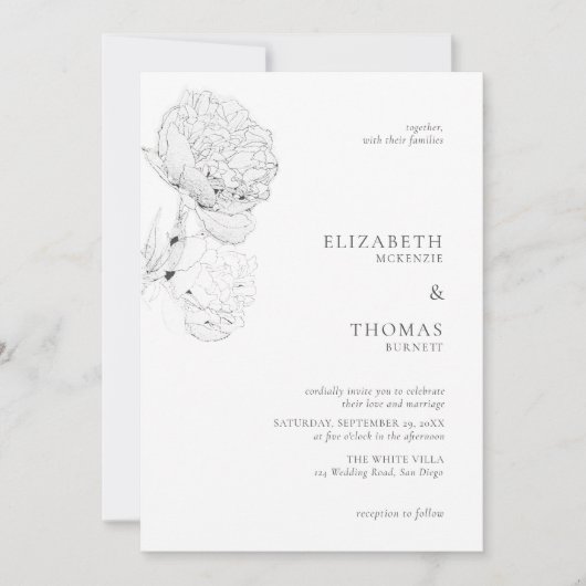 デリケート牡丹インク白黒エレガントな結婚式 招待状 (正面)