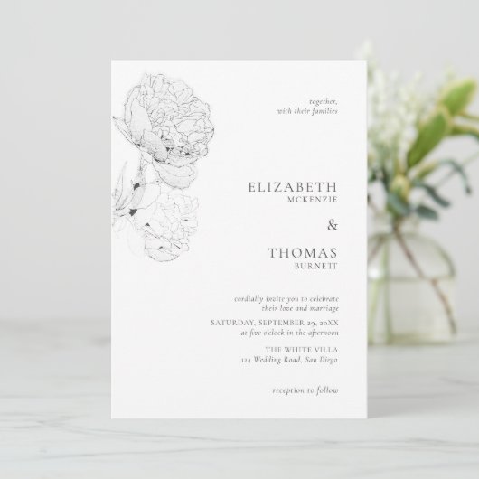 デリケート牡丹インク白黒エレガントな結婚式 招待状 (スタンド正面)