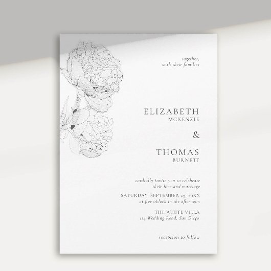 デリケート牡丹インク白黒エレガントな結婚式 招待状