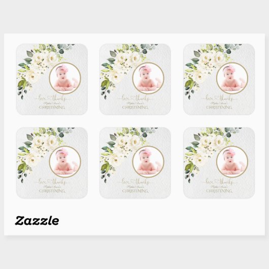デリケート白アイボリーフローラガールフォト《キリスト教》洗礼式や命名式 スクエアシール (シート)
