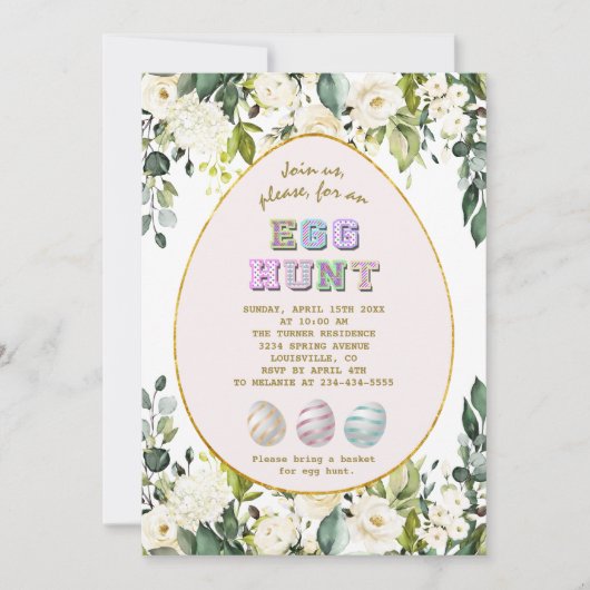 デリケート白クリーム花金ゴールド卵狩りイースター 招待状 (正面)