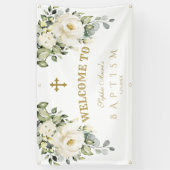 デリケート白フローラ金ゴールドバプテスムウェルカムサイン 横断幕 (縦)