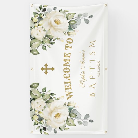デリケート白フローラ金ゴールドバプテスムウェルカムサイン 横断幕 (縦)