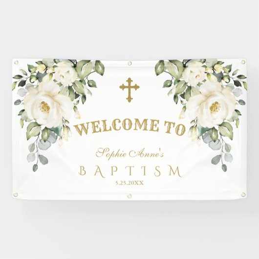 デリケート白フローラ金ゴールドバプテスムウェルカムサイン 横断幕 (横)
