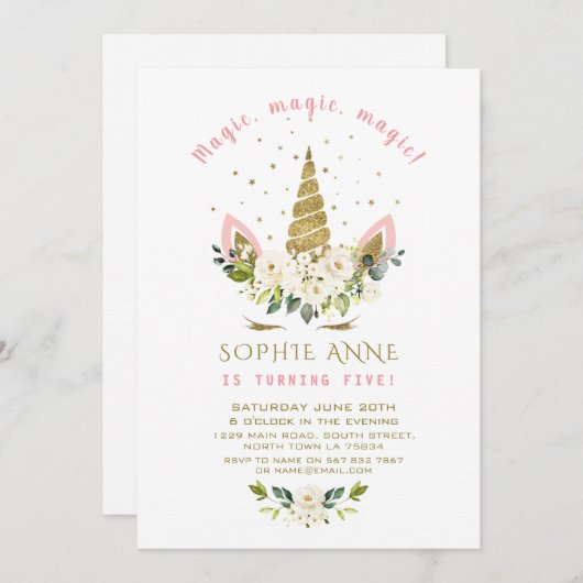 デリケート白フローラ金ゴールドユニコーンガール誕生日 招待状 (正面/裏面)