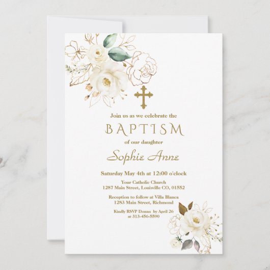 デリケート白金ゴールドフローラクロスガールバプテスマ 招待状 (正面)