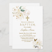 デリケート白金ゴールドフローラクロスガールバプテスマ 招待状 (正面/裏面)