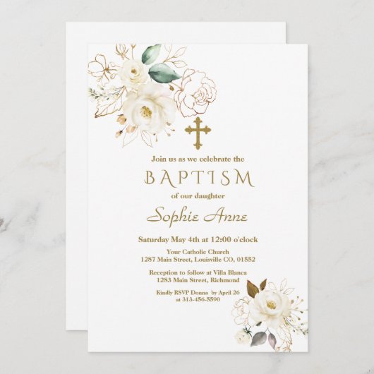 デリケート白金ゴールドフローラクロスガールバプテスマ 招待状 (正面/裏面)