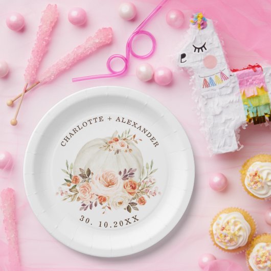 デリケート秋オータムフローラホワイト結婚カボチャズ ペーパープレート (パーティー)