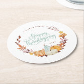 デリケート秋リースハッピーサンクスギビング ラウンドペーパーコースター (アングル)