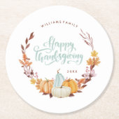デリケート秋リースハッピーサンクスギビング ラウンドペーパーコースター (正面)