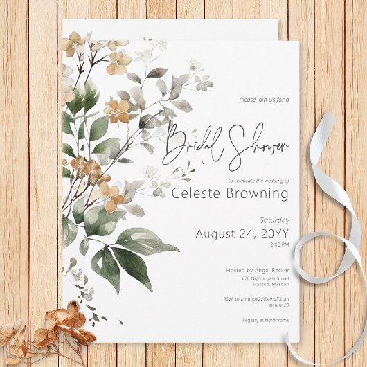 デリケート素朴タン秋ワイルドフラワーブライダルシャワー 招待状