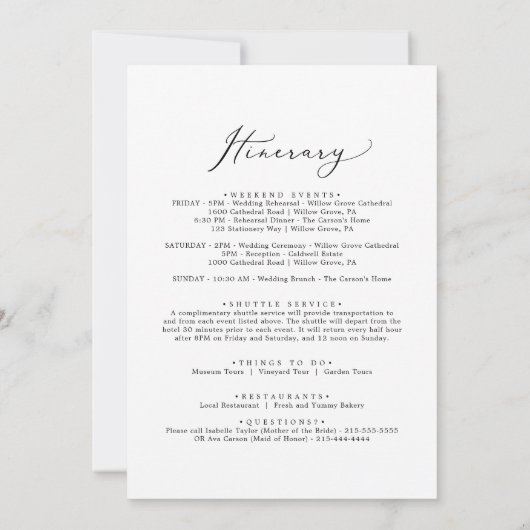 デリケート結婚ブラックのウェルカムレター&旅程 (裏面)