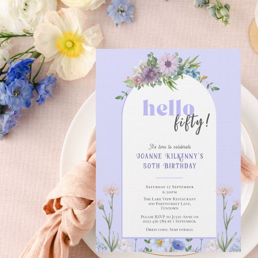 デリケート花模様ラベンダーバースデーパーティー任意の年齢 招待状