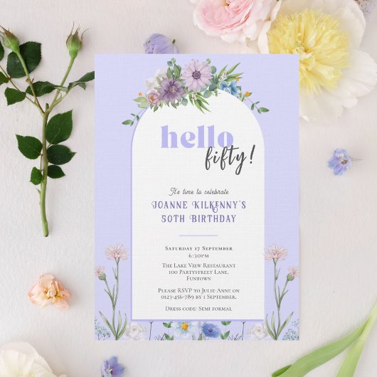 デリケート花模様ラベンダーバースデーパーティー任意の年齢 招待状