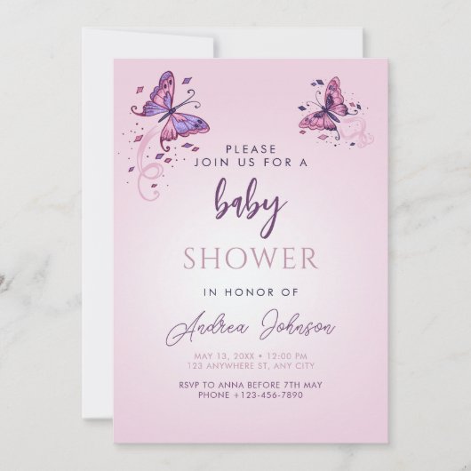 デリケート蝶ガールシック赤ちゃんシャワーパーティー 招待状 (正面)