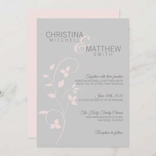 デリケート赤面ピンクダスティバラ&グレーつる植物結婚ズ 招待状 (正面/裏面)