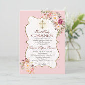 デリケート赤面ピンクフローラファーストホーリーコミュニオン 招待状 (スタンド正面)