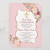 デリケート赤面ピンクフローラファーストホーリーコミュニオン 招待状 (正面/裏面)