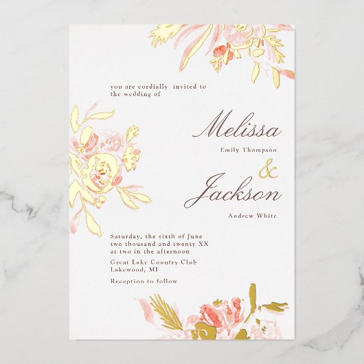 デリケート赤面フラワーと金ゴールド開花結婚ズ 箔招待状 (正面)