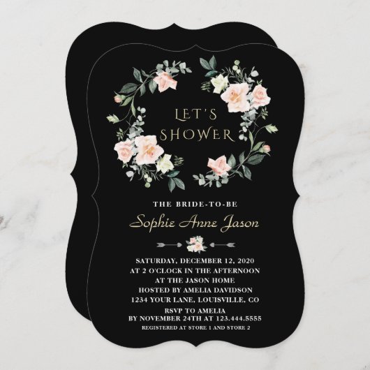 デリケート赤面ホワイトフラワーズリースブライダルシャワー 招待状 (正面/裏面)