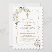 デリケート赤面ホワイトフラワーズ金ゴールドガール《キリスト教》洗礼式や命名式 招待状 (正面)
