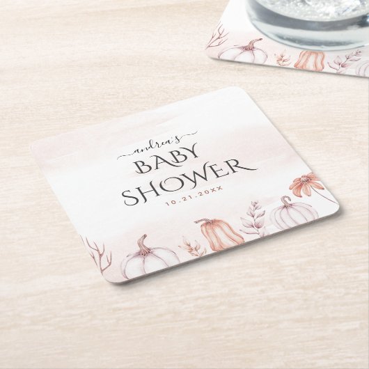 デリケート赤面暖かいトーン秋パンプキンベビーシャワー スクエアペーパーコースター (アングル)