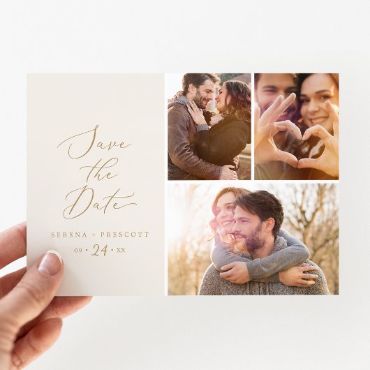 デリケート金ゴールドクリーム3写真コラージュ日付を保存 セーブザデート