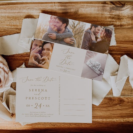 デリケート金ゴールドクリーム4写真テンプレート保存日 インビテーションポストカード