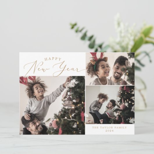 デリケート金ゴールドハッピーニューイヤー4フォトファミリー シーズンカード (スタンド正面)