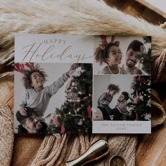 デリケート金ゴールドハッピーホリデー3写真 シーズンカード