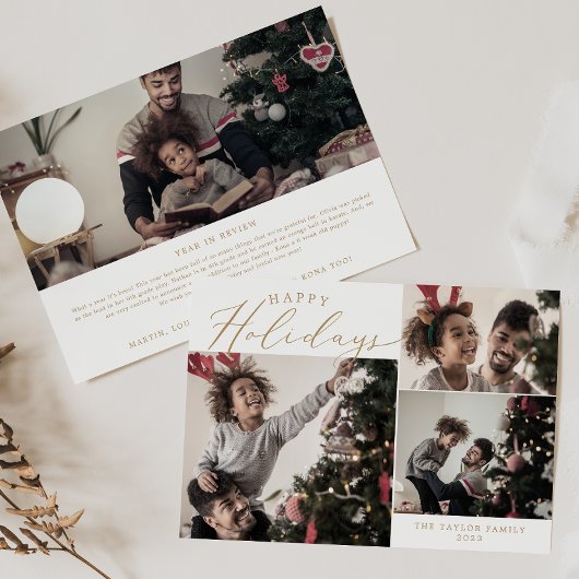 デリケート金ゴールドハッピーホリデー4フォトニュースレター シーズンカード