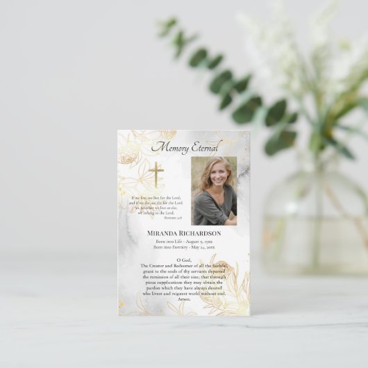 デリケート金ゴールドバラ正当葬儀祈りの言葉カード プレイスカード (スタンド正面)