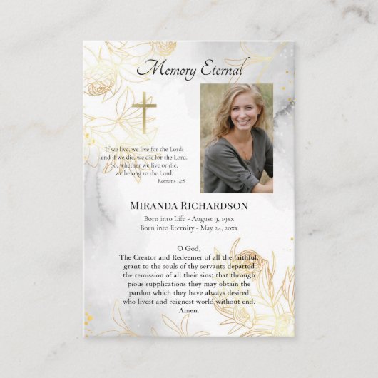 デリケート金ゴールドバラ正当葬儀祈りの言葉カード プレイスカード (正面)