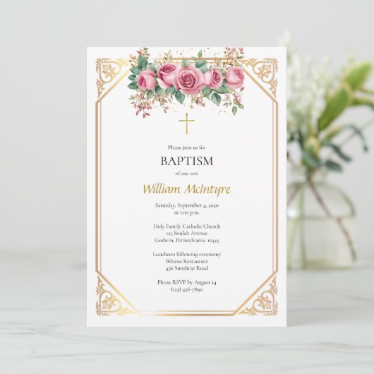 デリケート金ゴールドフレームピンクローゼカトリック洗礼 招待状 (スタンド正面)