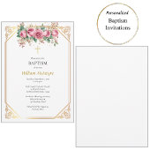 デリケート金ゴールドフレームピンクローゼカトリック洗礼 招待状