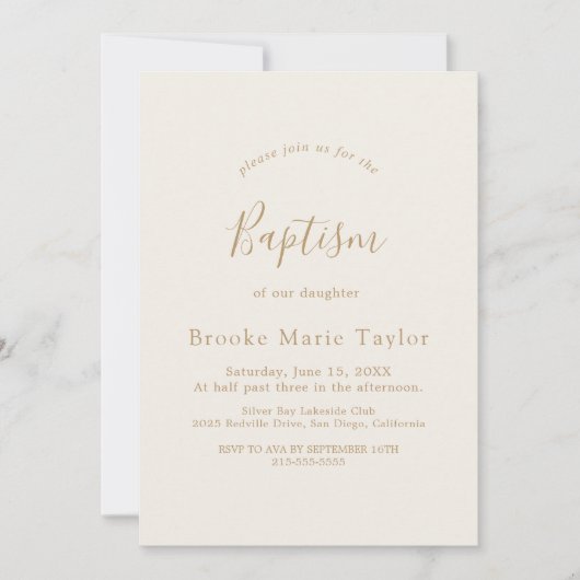 デリケート金ゴールド書道クリームバプテスマ招待状 招待状 (正面)